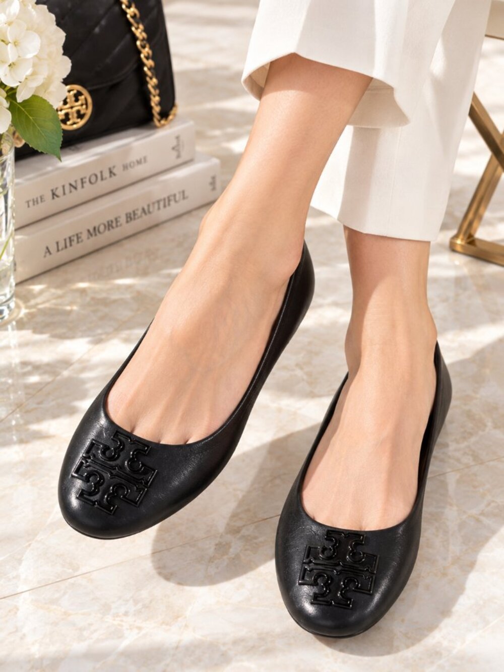 NWT Tory Burch Black Leather Ballet Flats Double T Logo Shoes Size 7.5 M